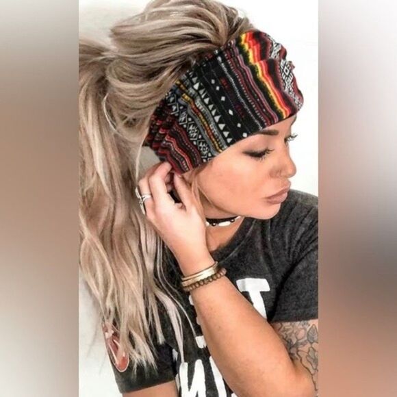 NEW Wide Boho Knot Headband - Tan/Cream, Red & Black - Picture 2 of 5